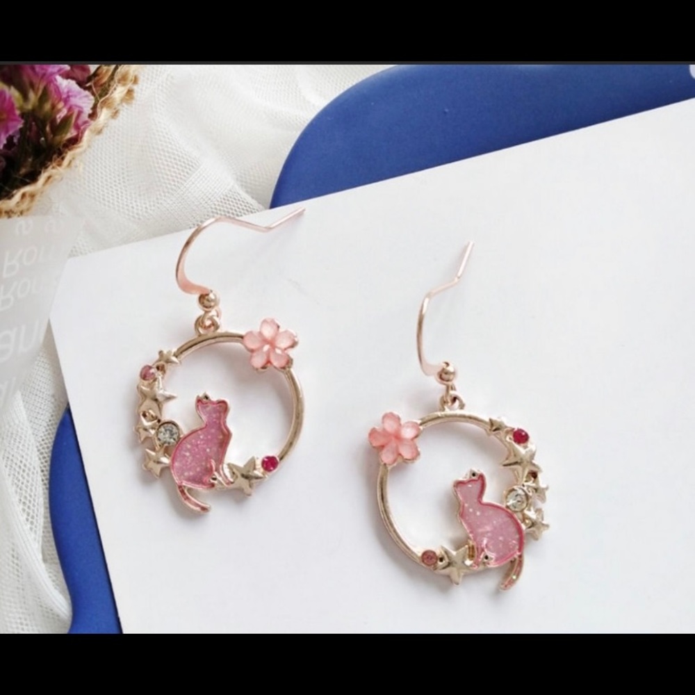 ❤NEW pink cat & flower hook earrings